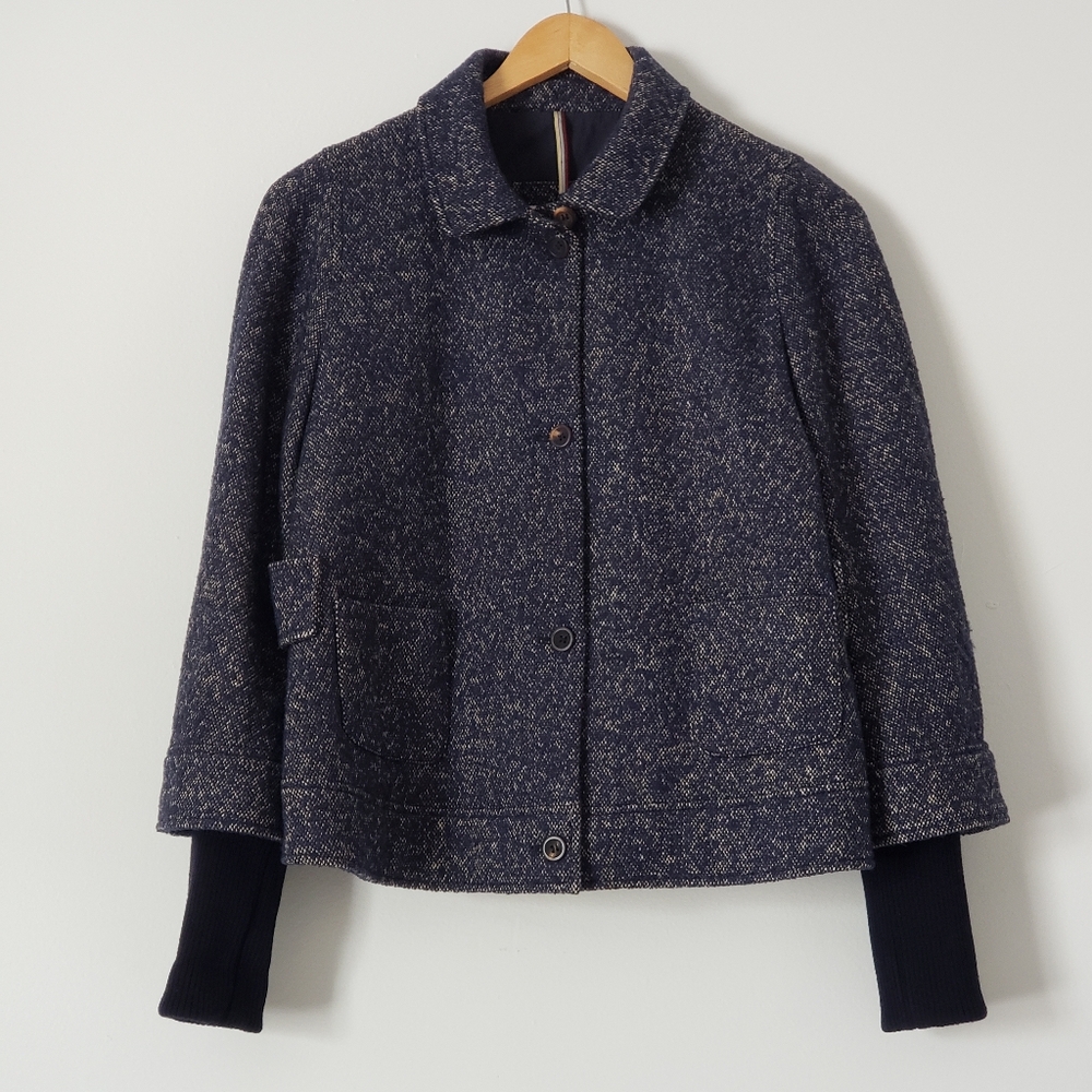 1308cad PIAZZA SEMPIONE Alpaca Virginwool Navy Tweed Cropped blazer PeaCoat Sz40